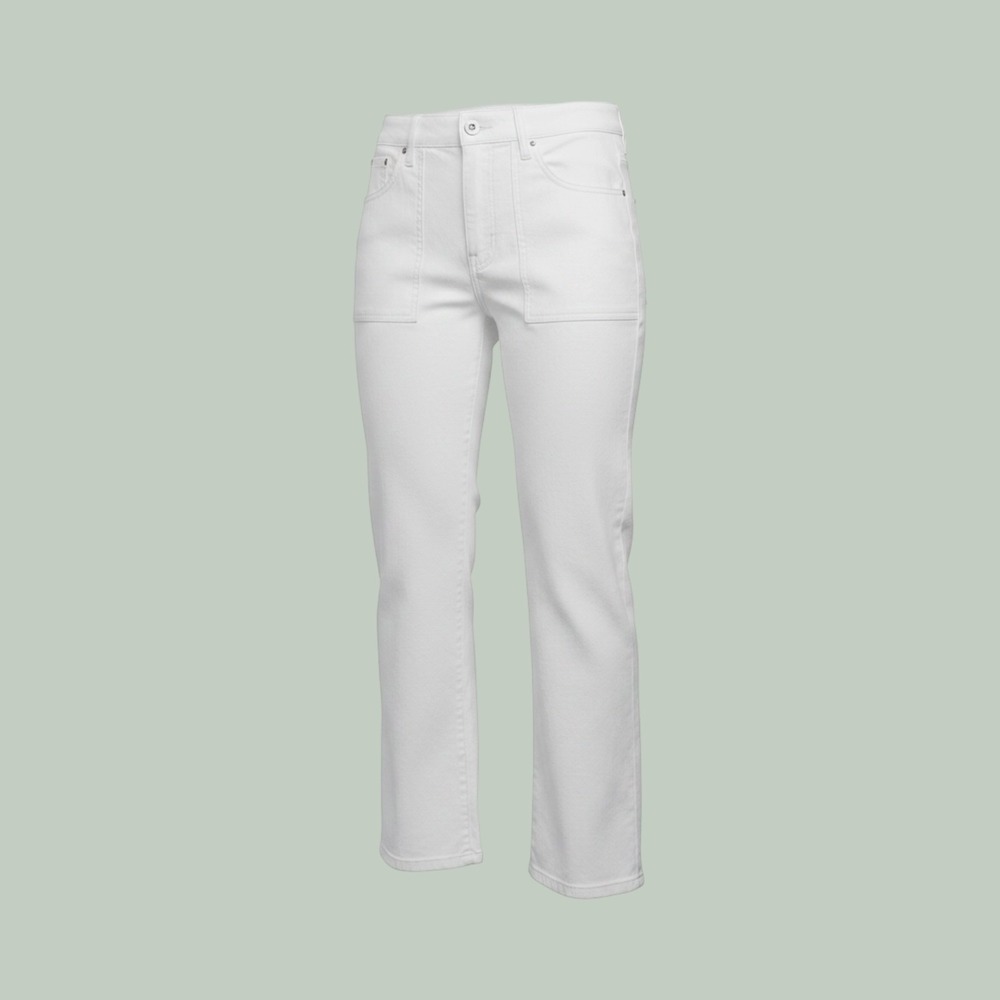 KICZOY Jeans Womens Medium White Patch Pocket Raw Hem Straight Leg Stretch Denim